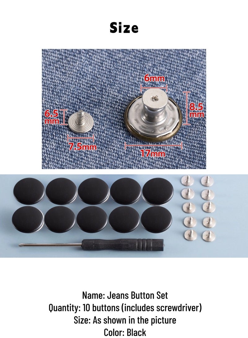 Jeans Buttons Set Removable No-Sew, Adjustable Screw Denim Snap Buttons for Waist Tightening & Repair, Reusable Metal Jean Buttons with Screwdriver(10PCS, Black) - Image 4